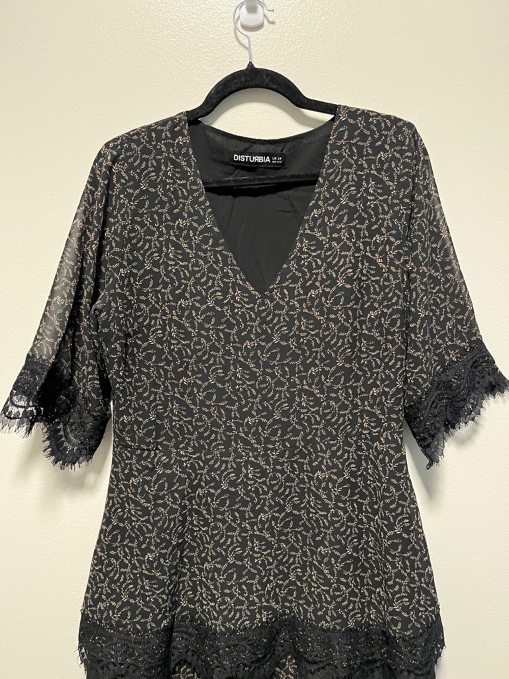 DISTURBIA Black Floral Lace Trim Mini Dress, Size 10 - Picture 2 of 7